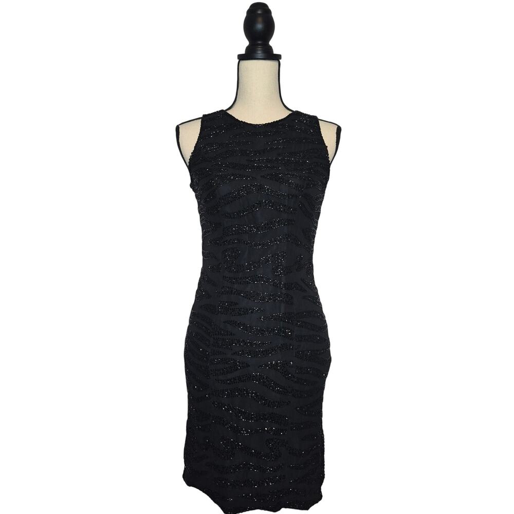 JMD New York Vintage Black Sequin Beaded Zebra Sheath Cocktail Dress Size 4 NWT